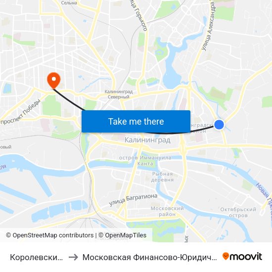 Королевский Ворота (В Центр) to Московская Финансово-Юридическая Академия. Калининградский Филиал map