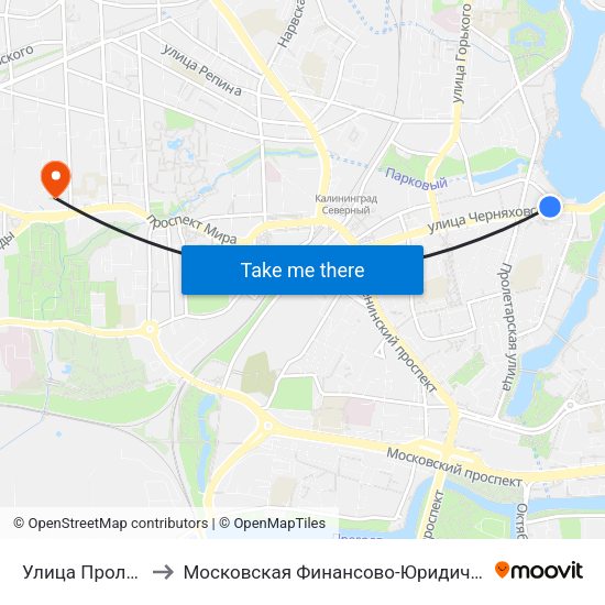 Улица Пролетарская (В Центр) to Московская Финансово-Юридическая Академия. Калининградский Филиал map