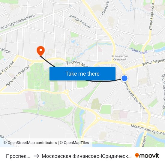 Проспект Ленинский to Московская Финансово-Юридическая Академия. Калининградский Филиал map