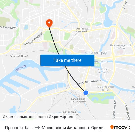 Проспект Калинина (Из Центра) to Московская Финансово-Юридическая Академия. Калининградский Филиал map