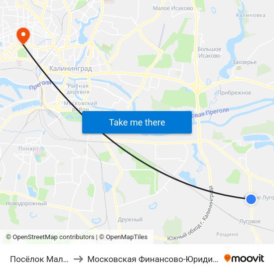 Посёлок Малое Луговое (В Центр) to Московская Финансово-Юридическая Академия. Калининградский Филиал map