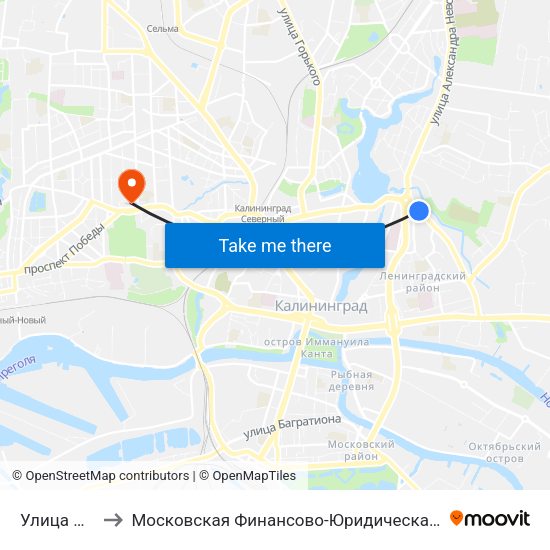 Улица Пионерская to Московская Финансово-Юридическая Академия. Калининградский Филиал map