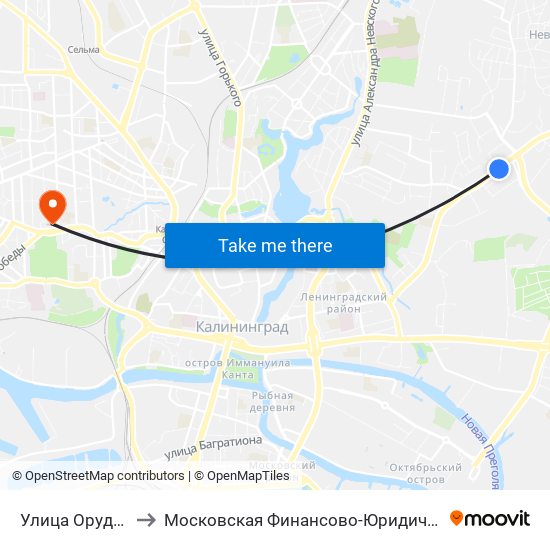 Улица Орудийная (Из Центра) to Московская Финансово-Юридическая Академия. Калининградский Филиал map
