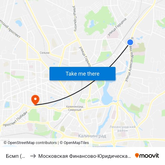 Бсмп (Из Центра) to Московская Финансово-Юридическая Академия. Калининградский Филиал map