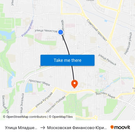 Улица Младшего Лейтенанта Родителева to Московская Финансово-Юридическая Академия. Калининградский Филиал map