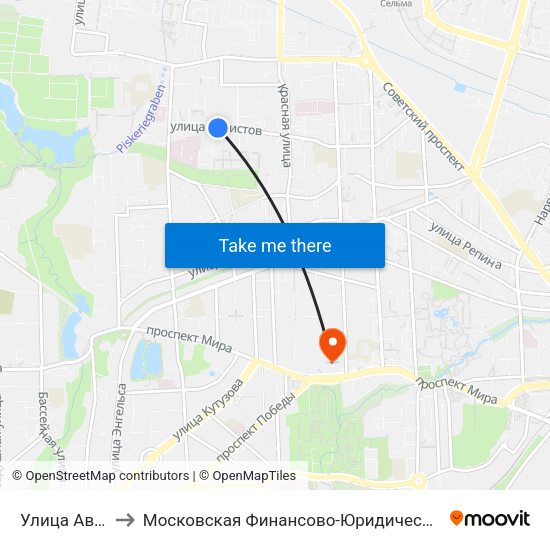 Улица Авторемонтная to Московская Финансово-Юридическая Академия. Калининградский Филиал map