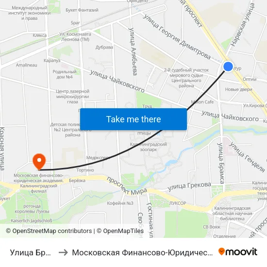 Улица Брамса (В Центр) to Московская Финансово-Юридическая Академия. Калининградский Филиал map