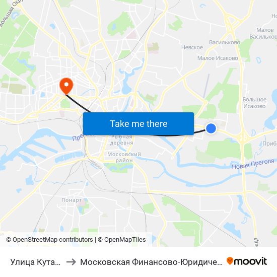 Улица Кутаисская (В Центр) to Московская Финансово-Юридическая Академия. Калининградский Филиал map