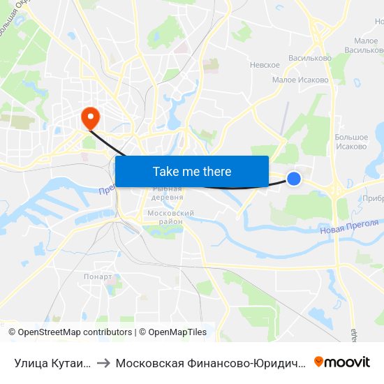 Улица Кутаисская (Из Центра) to Московская Финансово-Юридическая Академия. Калининградский Филиал map