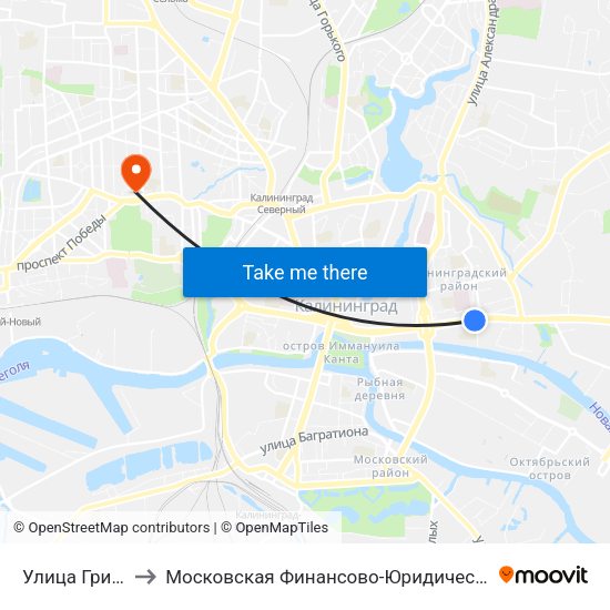 Улица Грига (Из Центра) to Московская Финансово-Юридическая Академия. Калининградский Филиал map