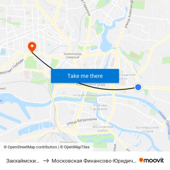 Закхаймские Ворота (В Центр) to Московская Финансово-Юридическая Академия. Калининградский Филиал map