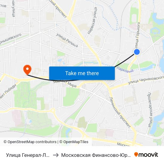 Улица Генерал-Лейтенанта Озерова (Из Центра) to Московская Финансово-Юридическая Академия. Калининградский Филиал map