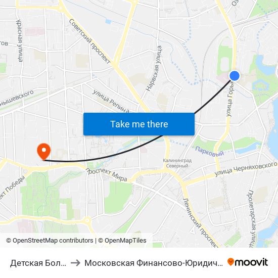 Детская Больница (Из Центра) to Московская Финансово-Юридическая Академия. Калининградский Филиал map