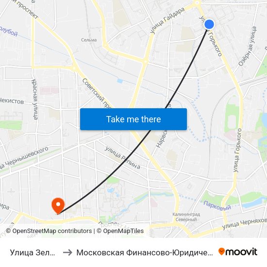 Улица Зелёная (Из Центра) to Московская Финансово-Юридическая Академия. Калининградский Филиал map