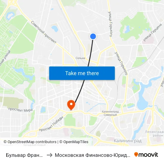 Бульвар Франца Лефорта (Из Центра) to Московская Финансово-Юридическая Академия. Калининградский Филиал map
