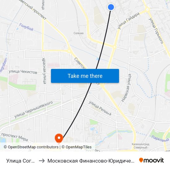 Улица Согласия (В Центр) to Московская Финансово-Юридическая Академия. Калининградский Филиал map