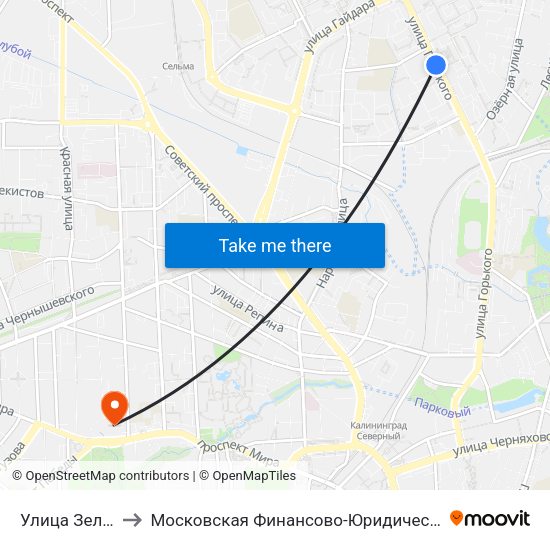 Улица Зелёная (В Центр) to Московская Финансово-Юридическая Академия. Калининградский Филиал map
