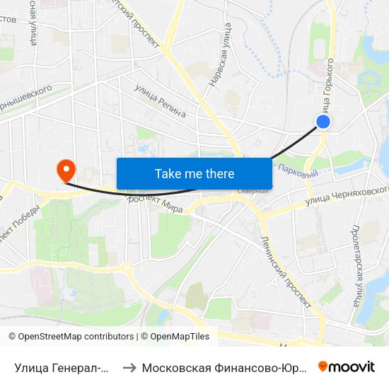 Улица Генерал-Лейтенанта Озерова (В Центр) to Московская Финансово-Юридическая Академия. Калининградский Филиал map
