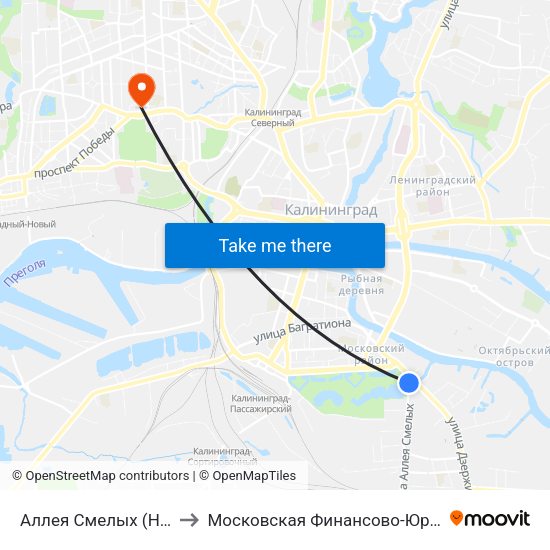 Аллея Смелых (На Ул. Аллея Смелых, Из Центра) to Московская Финансово-Юридическая Академия. Калининградский Филиал map