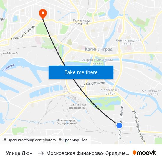 Улица Дюнная (Из Центра) to Московская Финансово-Юридическая Академия. Калининградский Филиал map