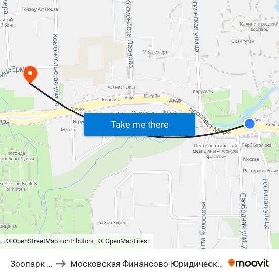 Зоопарк (Из Центра) to Московская Финансово-Юридическая Академия. Калининградский Филиал map