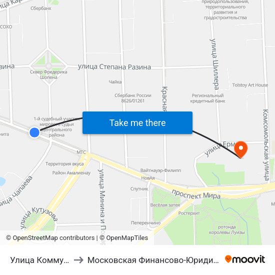 Улица Коммунальная (Из Центра) to Московская Финансово-Юридическая Академия. Калининградский Филиал map