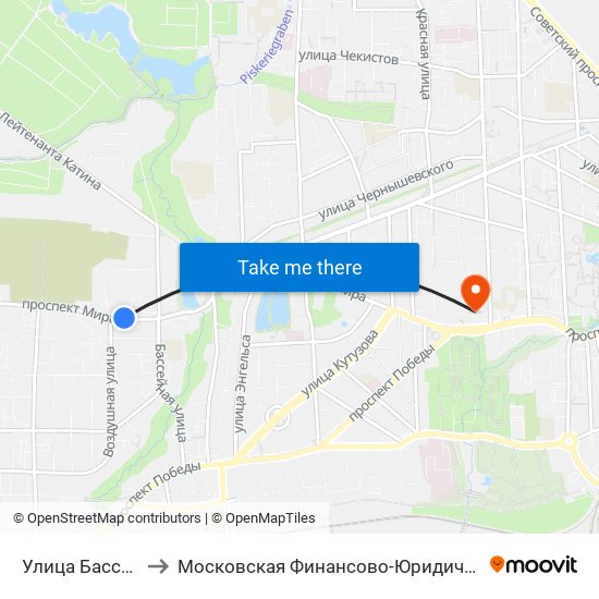 Улица Бассейная (Из Центра) to Московская Финансово-Юридическая Академия. Калининградский Филиал map