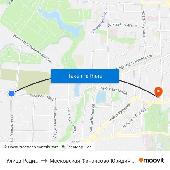 Улица Радистов (Из Центра) to Московская Финансово-Юридическая Академия. Калининградский Филиал map