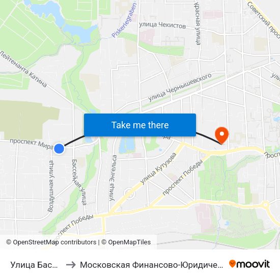 Улица Бассейная (В Центр) to Московская Финансово-Юридическая Академия. Калининградский Филиал map