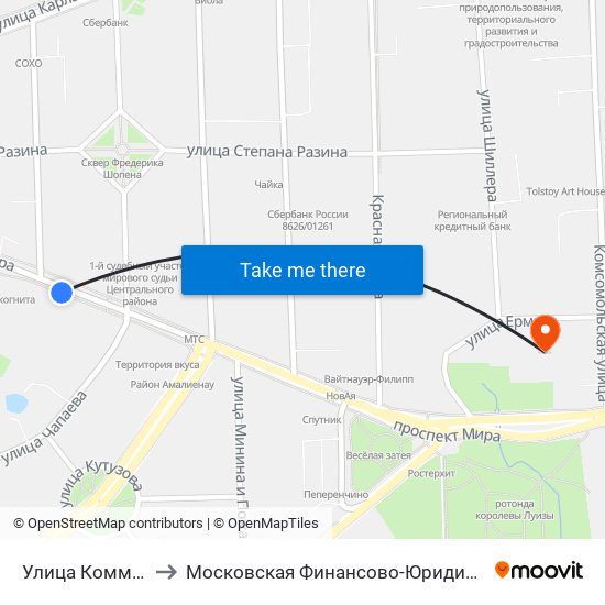 Улица Коммунальная (В Центр) to Московская Финансово-Юридическая Академия. Калининградский Филиал map