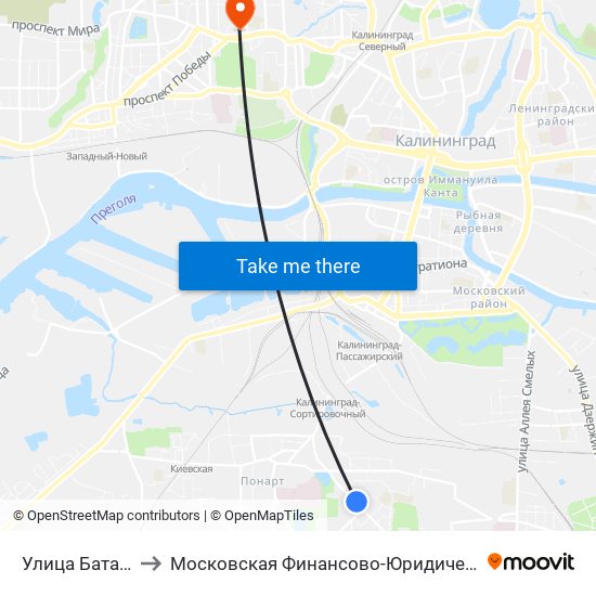 Улица Батальная (В Центр) to Московская Финансово-Юридическая Академия. Калининградский Филиал map