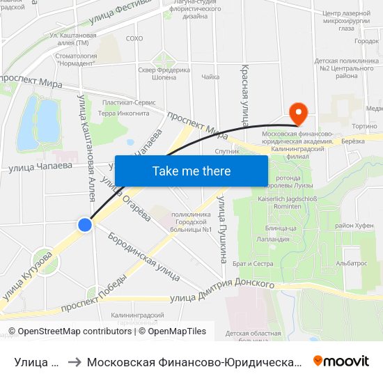 Улица Нахимова to Московская Финансово-Юридическая Академия. Калининградский Филиал map