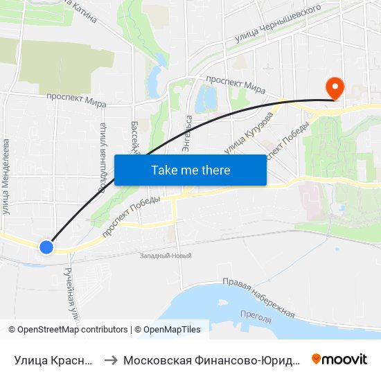 Улица Красносельская (Из Центра) to Московская Финансово-Юридическая Академия. Калининградский Филиал map