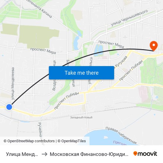 Улица Менделеева (Из Центра) to Московская Финансово-Юридическая Академия. Калининградский Филиал map