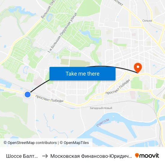 Шоссе Балтийское (Из Центра) to Московская Финансово-Юридическая Академия. Калининградский Филиал map