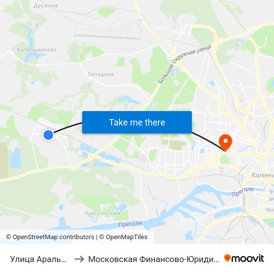 Улица Аральская (По Требованию) to Московская Финансово-Юридическая Академия. Калининградский Филиал map