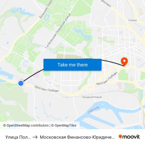 Улица Полевая (В Центр) to Московская Финансово-Юридическая Академия. Калининградский Филиал map