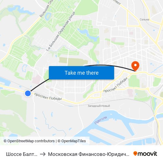 Шоссе Балтийское (В Центр) to Московская Финансово-Юридическая Академия. Калининградский Филиал map