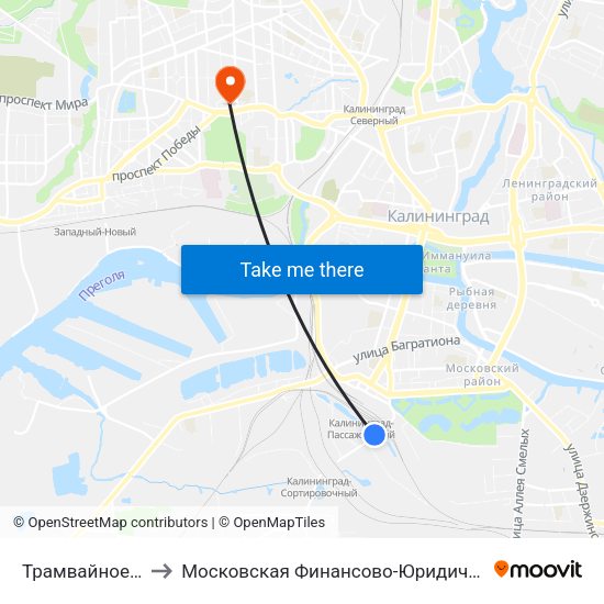 Трамвайное Депо (Из Центра) to Московская Финансово-Юридическая Академия. Калининградский Филиал map