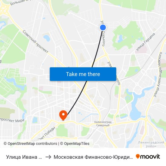 Улица Ивана Сусанина (Из Центра) to Московская Финансово-Юридическая Академия. Калининградский Филиал map