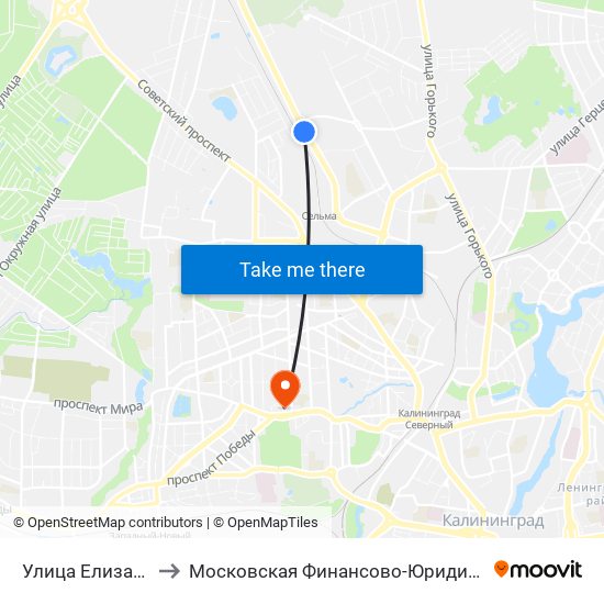 Улица Елизаветинская (В Центр) to Московская Финансово-Юридическая Академия. Калининградский Филиал map