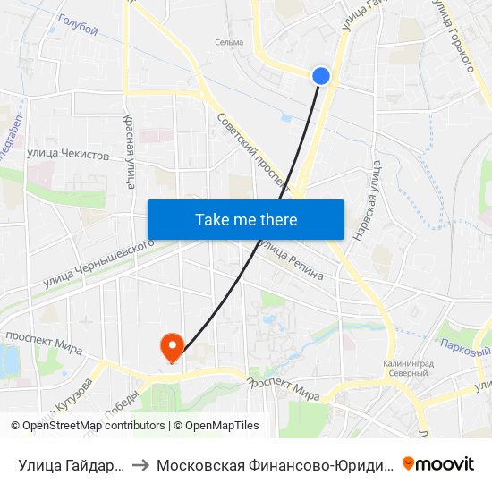 Улица Гайдара (На Ул. Челнокова) to Московская Финансово-Юридическая Академия. Калининградский Филиал map