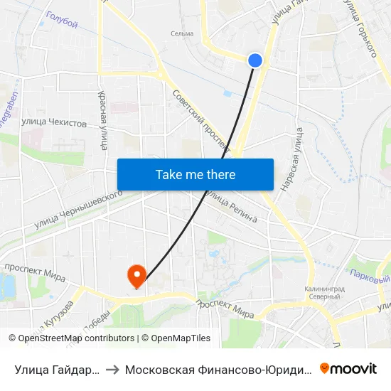 Улица Гайдара (На Ул. Челнокова) to Московская Финансово-Юридическая Академия. Калининградский Филиал map