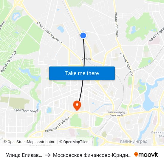 Улица Елизаветинская (Из Центра) to Московская Финансово-Юридическая Академия. Калининградский Филиал map