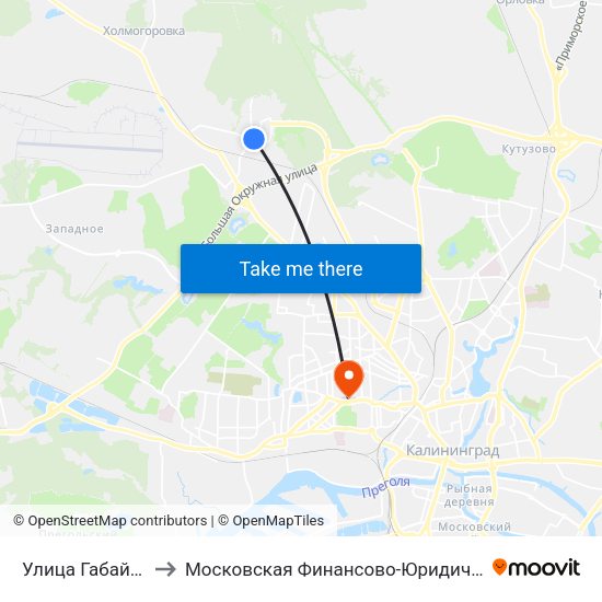 Улица Габайдулина (Из Центра) to Московская Финансово-Юридическая Академия. Калининградский Филиал map