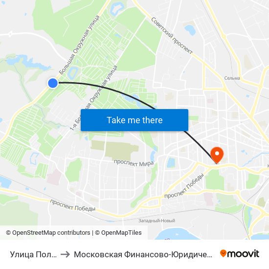 Улица Полевая (В Центр) to Московская Финансово-Юридическая Академия. Калининградский Филиал map