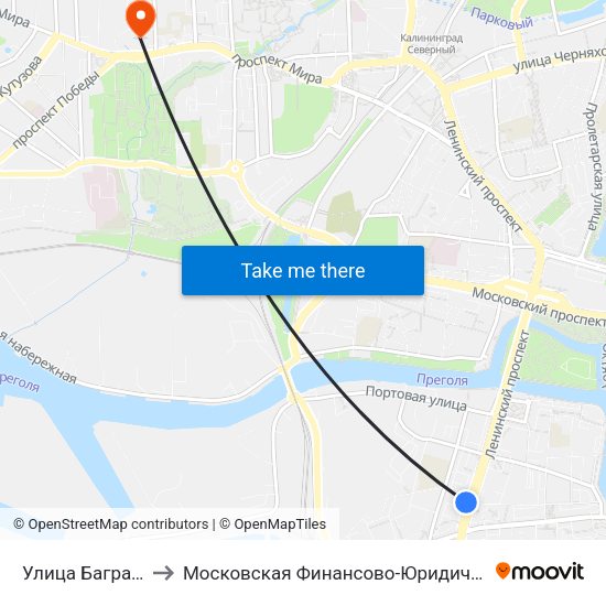 Улица Багратиона (Из Центра) to Московская Финансово-Юридическая Академия. Калининградский Филиал map