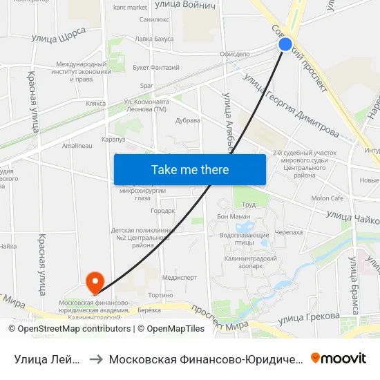 Улица Лейтенанта Яналова to Московская Финансово-Юридическая Академия. Калининградский Филиал map