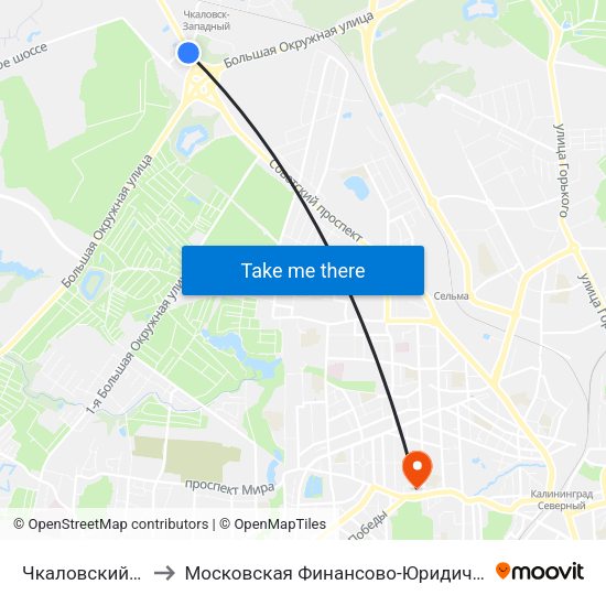 Чкаловский Поворот (В Центр) to Московская Финансово-Юридическая Академия. Калининградский Филиал map