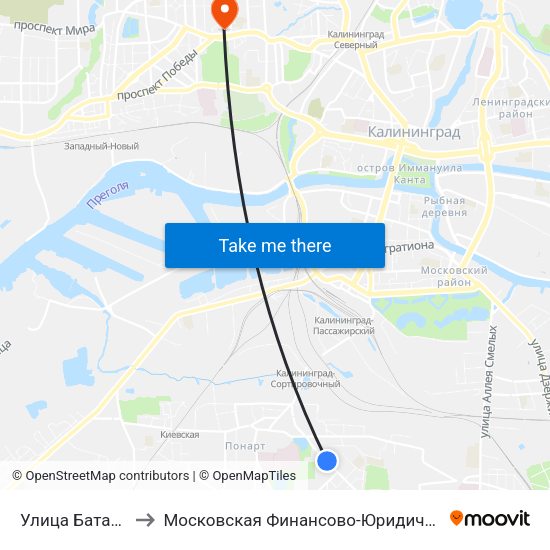 Улица Батальная (Из Центра) to Московская Финансово-Юридическая Академия. Калининградский Филиал map